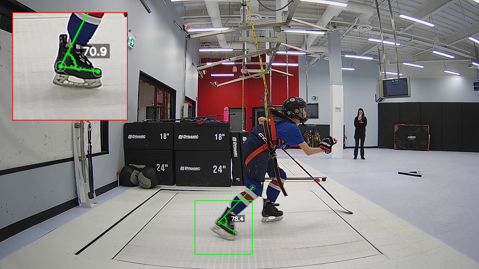 Side-on stride capture with push-off and ankle angles measured frame by frame